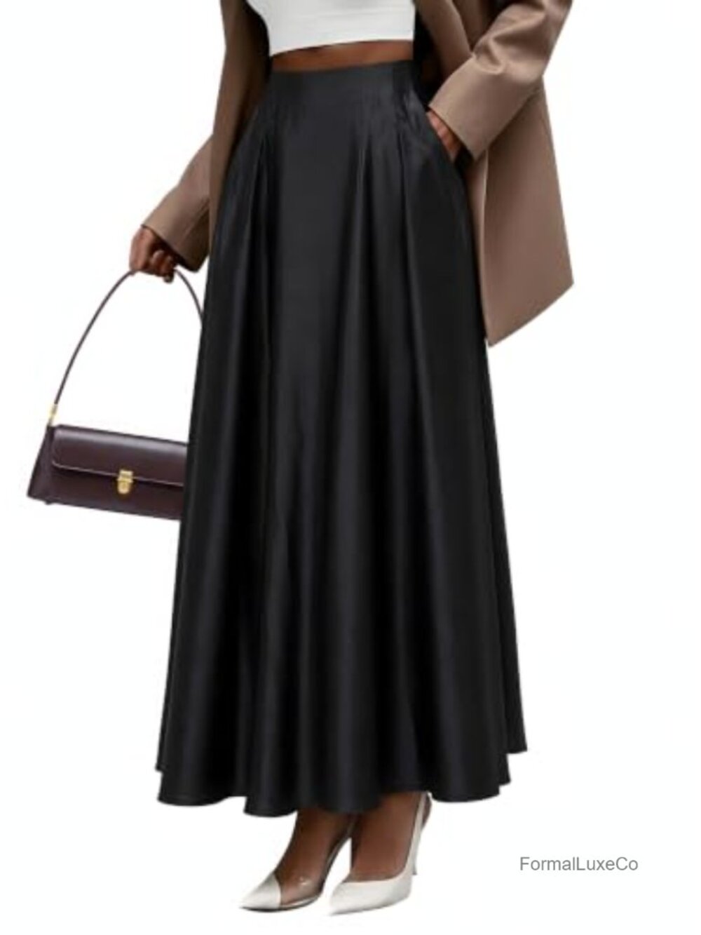 Satin Maxi Skirt Flared A-Line Long with Pockets